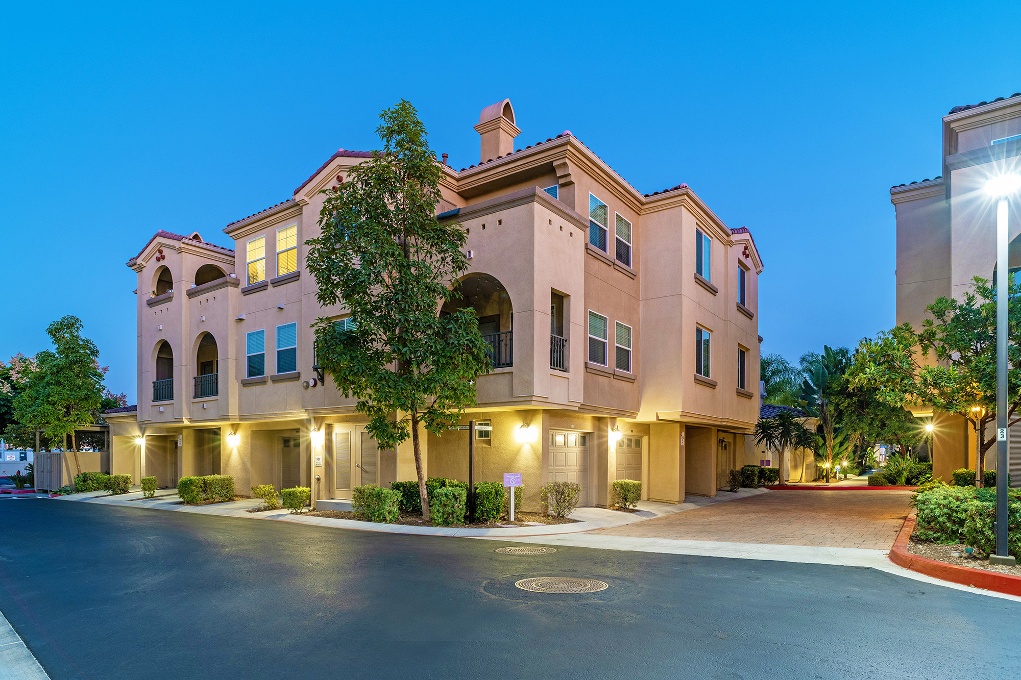 Townhome exterior view at night